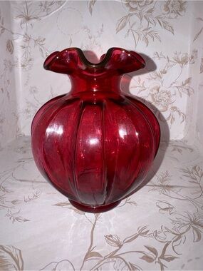 Vintage Fenton Country Cranberry Glass Ribbed Paneled Vase with Ruffled Rim